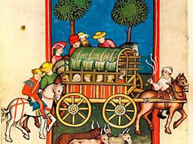 Zeitgenössische Buchmalerei mit Abbildung einer 
			Pferdekutsche als Symbol für die Anreise über die Straße